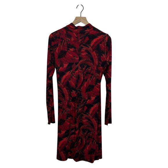 Norma Kamali Faux Wrap Jersey Bodycon Dress Red Feather Print Long Sleeve L - Picture 5 of 9